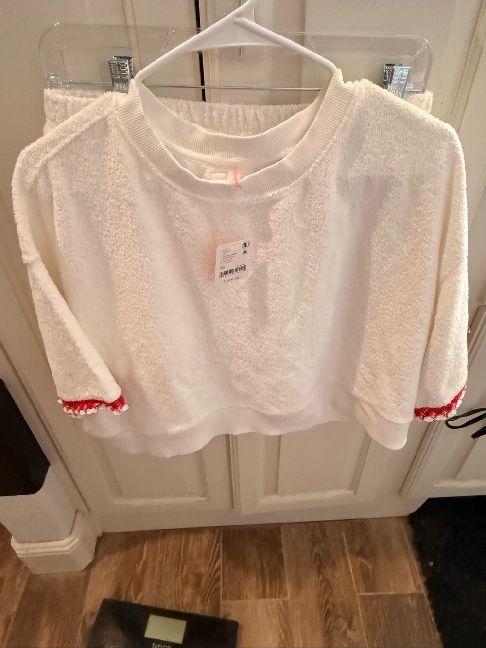 Free People White Terry Crop Sweatshirt with Red Sleeve Trim